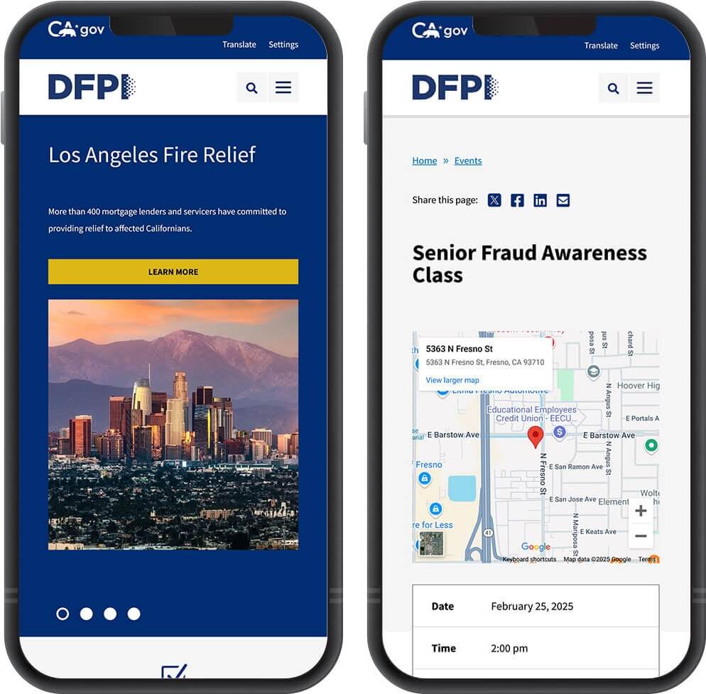 Screenshots of the DFPI website on mobile devices