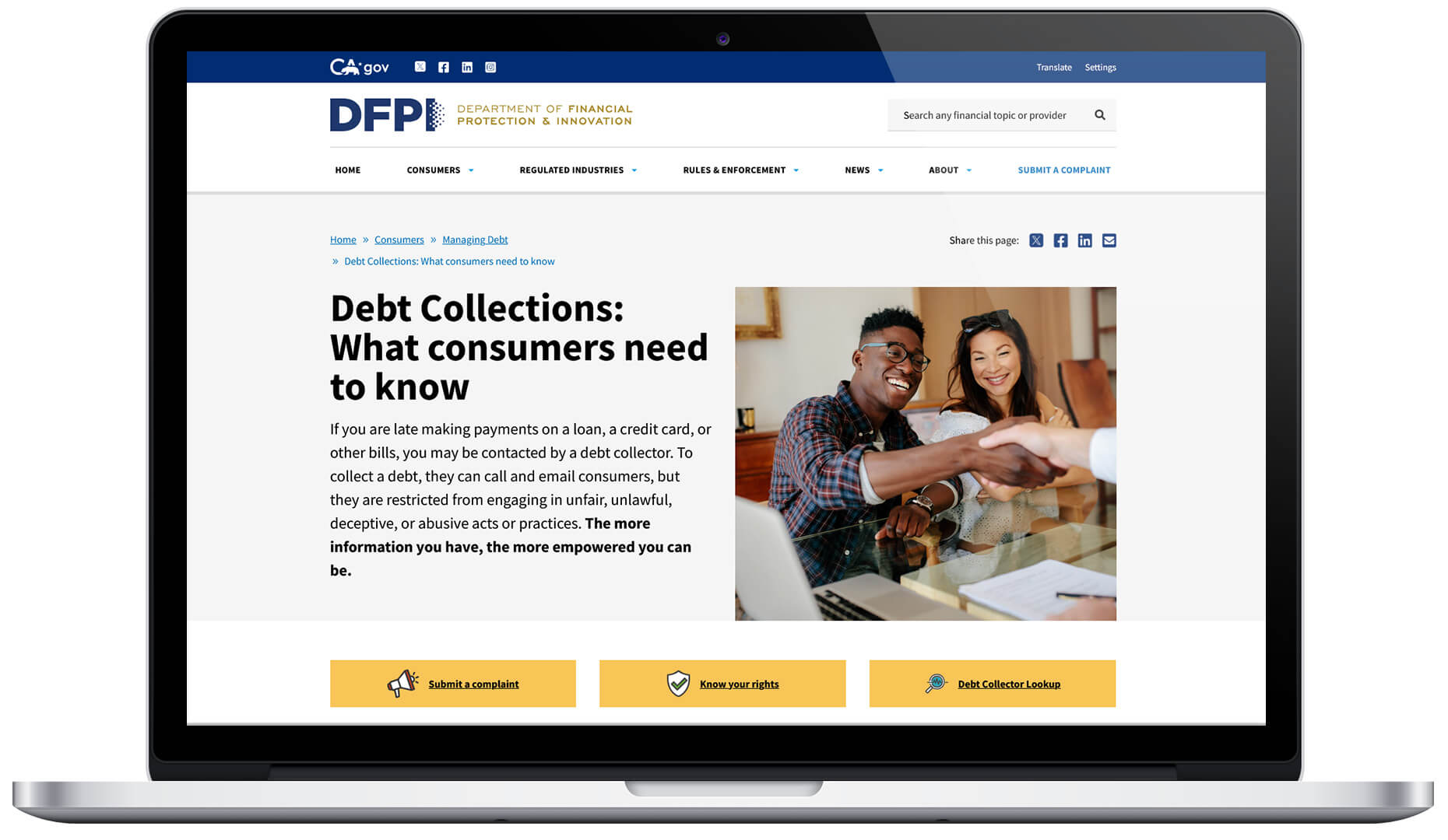 Screenshot of a consumer page from the new DFPI Website