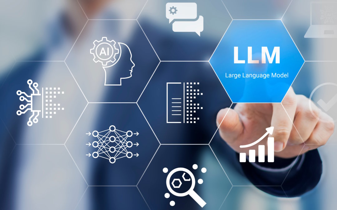 LLM (Large Language Model) technology to analyse and generate text with icons of AI computing, machine learning, data analysis, big data, document analysis, chatbot. Businessman touching icon.